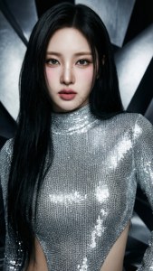 Close-up portrait of Karina in silver bodysuit with geometric background