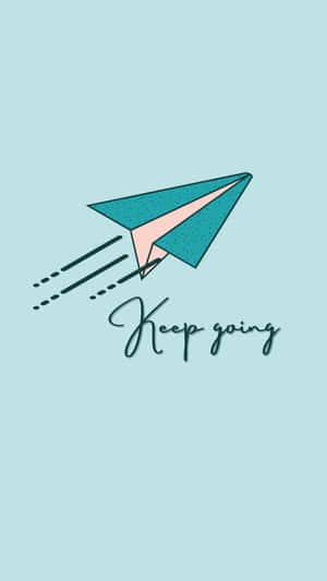 A teal and pink paper airplane with motion lines and the phrase 'Keep going' on a light blue background. — Keep Going Picture
