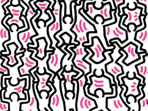 Repeating stylized human figures in black outlines with pink accents on white background.