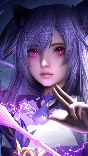 Chica anime con cabello púrpura y ojos rosados sosteniendo una espada de rayo brillante. — Genshin Impact Xingqiu Fondos de pantalla