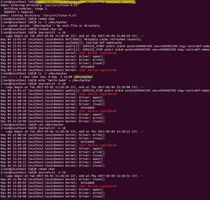 Linux-terminalfönster som visar systemloggar och kommandorader med lila bakgrund.