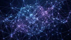 Glowing digital network of connected nodes and lines in blue and purple.