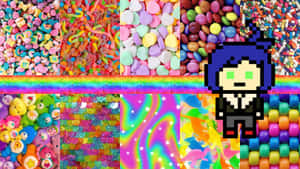 Pixel art character standing among colorful candy backgrounds with rainbow stripes. — Kidcore Desktop Picture