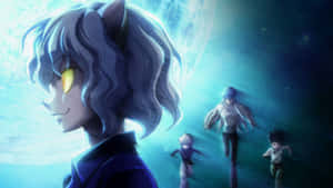 Four anime characters floating in space under a giant moon with glowing eyes. — Killua Cute Background