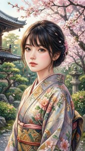Nishinoya in een kimono te midden van kersenbloesems in aquarelstijl.