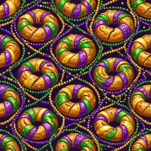 Et fargerikt repeterende mønster av kongekakeskiver og perler.
