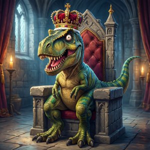 Et morsomt, tegneserieaktig bakgrunnsbilde av en T-Rex med krone, perfekt for en leken stemning.