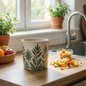 En modern kökskompostbehållare med fruktrester i mjukt morgonljus, ren minimalistisk känsla.