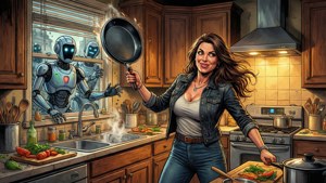 Linda Mitchell luta contra PAL-bots com uma frigideira em uma batalha caótica na cozinha.