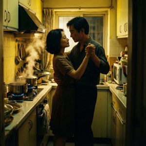 Ein Paar tanzt langsam in einer kleinen Küche, in warmes Licht mit Dampf und Körnung getaucht, und fängt Wong Kar-wais häusliche Romantik ein.