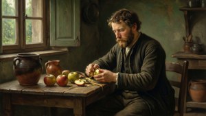 Jean Baptiste Morret i et stille gårdskjøkken, som skreller epler i varmt, dempet lys.