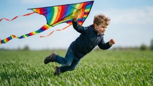 Ein Sohn fliegt an einem windigen Tag im Park einen Drachen.