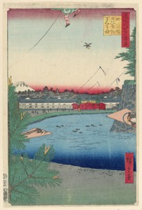 Kite Scene by Ando Hiroshige, created 1797-1858, in Woodblock print in colored ink on paper. Download this artwork as a high-resolution wallpaper for desktop, t — Art Background