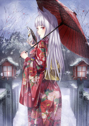Anime-tjej med rävmask och rött paraply i snötäckt helgedom på natten. — Kitsune Bilder