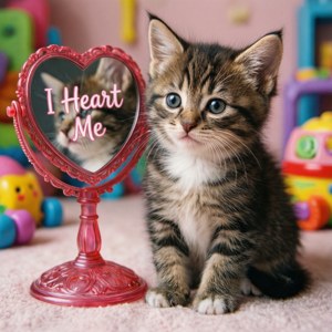 Kattunge med hjerte speil som viser 'I Heart Me'
