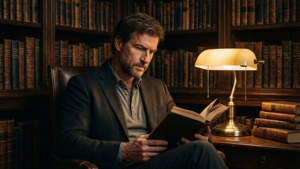 Jürgen Klopp verdiept in een boek in een sfeervolle vintage bibliotheek