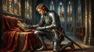 Een ridder van Howard Pyle knielt voor een heilige relikwie in een kathedraal met glas-in-loodlicht.