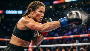 Actionbillede af Ronda Rousey, der leverer et kraftfuldt slag i ringen.