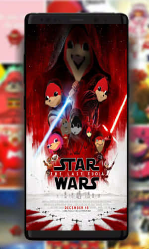 Smartphone-skärm som visar en Star Wars-parodiaffisch med tecknade karaktärer och röd rymdbakgrund. — Knogar Bakgrundsbilder