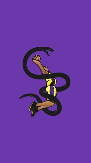 A basketball player wrapped in a snake holding a ball on purple background