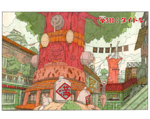 Anime village with giant red tree and Naruto banner — Koozie Wallpaper