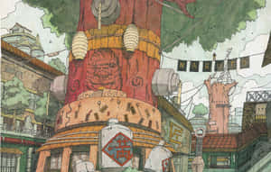 Anime village with giant ramen noodle tower and hanging lanterns under cloudy sky. — Naruto Kurama Picture