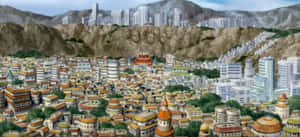 Anime-Stadt mit orangefarbenen Dächern und riesigen gemeißelten Gesichtern auf einer Klippe — Wunderschöner Blick Auf Die Berge Wallpaper