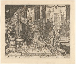 Kroning van Ester by Philips Galle, created 1564, in paper; engraving; hand coloring. Download this artwork as a high-resolution wallpaper for desktop, tablet, — Philips Galle Wallpaper