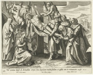 Kruisafneming by Jan Collaert (II), created 1598 - 1618, in paper; engraving. Download this artwork as a high-resolution wallpaper for desktop, tablet, or mobil — Jan Collaert (II) Wallpaper