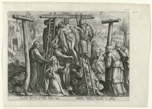 Kruisafneming by Adriaen Collaert, created 1585 - 1586, in paper; engraving. Download this artwork as a high-resolution wallpaper for desktop, tablet, or mobile — Adriaen Collaert Wallpaper