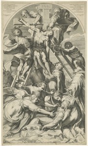 Kruisafneming by Francesco Villamena, created 1576 - 1624, in paper; engraving. Download this artwork as a high-resolution wallpaper for desktop, tablet, or mob