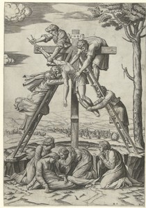 Kruisafneming van Christus by Marcantonio Raimondi, created 1520 - 1521, in paper; engraving. Download this artwork as a high-resolution wallpaper for desktop, — Art Picture