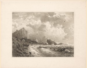 Kustlandschap by Andreas Achenbach, created 1855, in paper; chine collé; toonlithografie; penlithografie. Download this artwork as a high-resolution wallpaper f — Andreas Achenbach Wallpaper