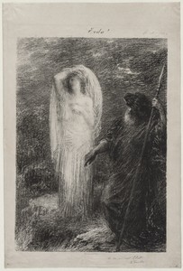 L'Evocation d'Erda by Henri Fantin-Latour, created 1885, in lithograph. Download this artwork as a high-resolution wallpaper for desktop, tablet, or mobile. — Henri Fantin-Latour Wallpaper