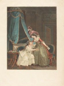 L'Indiscretion by Jean François Janinet, created 1788, in etching and wash manner, printed in blue, red, carmine, yellow, and black inks. Download this artwork — Jean François Janinet Wallpaper