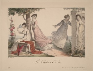 La cache-cache by Nicolas Schencker, in hand-colored engraving. Download this artwork as a high-resolution wallpaper for desktop, tablet, or mobile. — Nicolas Schencker Wallpaper