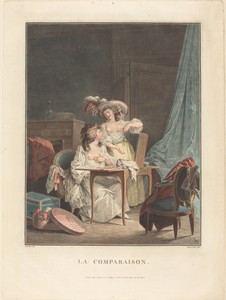 La Comparaison by Jean François Janinet, created 1786, in color etching and wash manner. Download this artwork as a high-resolution wallpaper for desktop, table — Jean François Janinet Wallpaper
