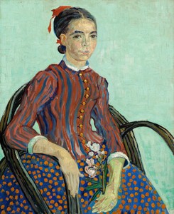 La Mousmé by Vincent van Gogh, created 1888, in oil on canvas. Download this artwork as a high-resolution wallpaper for desktop, tablet, or mobile.