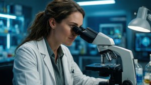 Rebecca Breeds som en forsker i et moderne laboratorium
