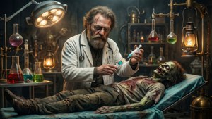 Doktor Hogback udfører eksperimenter på en zombiepatient i sit laboratorium