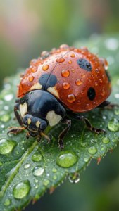 Ultra-Nahaufnahme eines gepunkteten Marienkäfers auf einem taufrischen Blatt mit weichem Bokeh