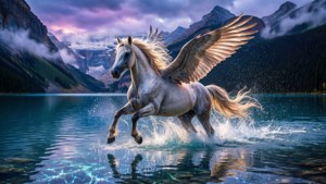 En pegasus løber gennem en bjergsø under tusmørke, vandet sprudler af lys.