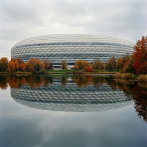 Allianz Arena perfettamente riflessa nel lago con colori autunnali