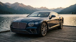 Bentley Azure em um píer com lago e montanhas ao pôr do sol