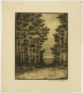 Landscape by Wallace L. DeWolf, created 1916, in Etching on tan laid paper. Download this artwork as a high-resolution wallpaper for desktop, tablet, or mobile. — Wallace L. DeWolf Wallpaper