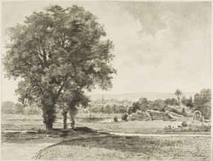 Landscape by Maxime Lalanne, created 1870/75, in Charcoal, with stumping and erasing, on ivory laid paper. Download this artwork as a high-resolution wallpaper — Illustration Wallpaper