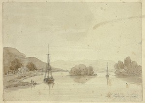 Landscape by William Henry Stothard Scott of Brighton, created n.d., in Brush and brown wash, with graphite, on ivory wove paper, tipped onto cream card. Downlo — Illustration Background