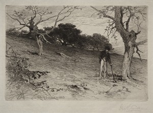 Landscape by George Henry Smillie, created 1883, in etching. Download this artwork as a high-resolution wallpaper for desktop, tablet, or mobile. — George Henry Smillie Wallpaper