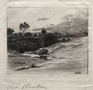 Landscape by Sion Longley Wenban, created c. 1880s, in etching. Download this artwork as a high-resolution wallpaper for desktop, tablet, or mobile. — Sion Longley Wenban Wallpaper