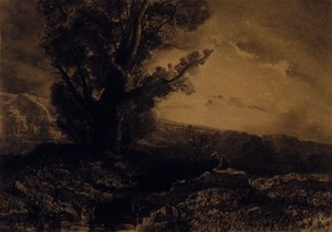 Landscape by Odilon Redon, created 1868, in Various charcoals, with black chalk and black Conté crayon, wiping, stumping and erasing on cream wove paper altered — Illustration Background